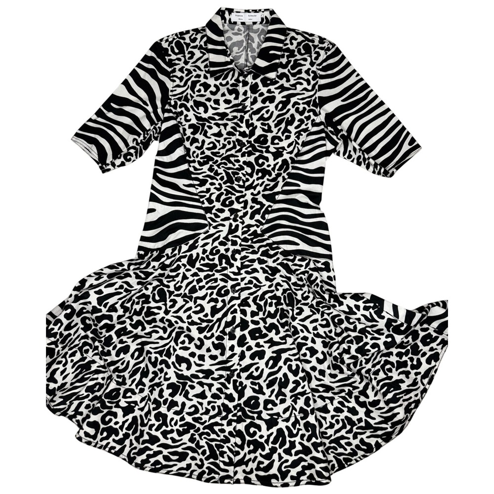 Proenza Schouler Dress Women's 8 White Black Zebra Animal Cotton Collared Midi